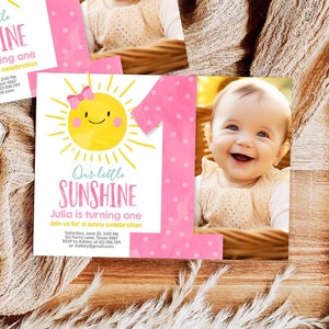 Editable Our Little Sunshine Birthday Invitation Sunshine Party Pink Girl Summer First Birthday Download Printable Corjl Template 0141 image 1