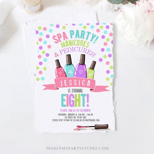 Editable Spa Birthday Invitation Manicures Pedicure Nail Salon Party Pink Purple Girl Instant Download Printable Corjl Template Digital 0210