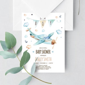 Bearbeitbare Flugzeug-Babypartyeinladung Vintage Flugzeug Blau Abenteuer Junge Baby Shower Up and Away Vorlage Digitaler Download Corjl 0185