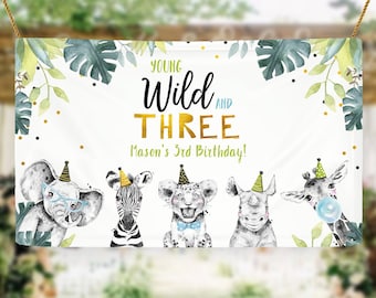 Editable Party Animals Birthday Backdrop Banner Safari Animals Boy Young Wild and Three Welcome Sign Blue Digital Template Printable 0322