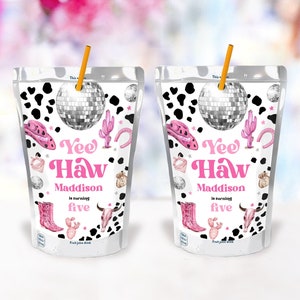 Bearbeitbares Space Cowgirl Juice Pouch Label Juice Gefälligkeiten Disco Cowgirl Geburtstag Rodeo Party Girl Digital Download Template Printable 0455
