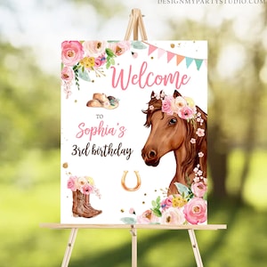 Bearbeitbares Pferd Geburtstag Willkommensschild Pony Geburtstag Willkommensschild Cowgirl Party Blumenmädchen Pferdeparty Download Vorlage Corjl PRINTABLE 0408