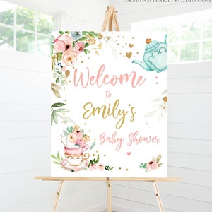 Editable Tea Baby Shower Welcome Sign Baby is Brewing Floral Pink Gold Whimsical Girl Shower Garden Party Template PRINTABLE Corjl 0349