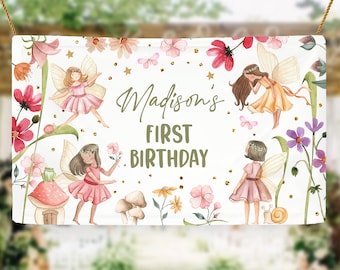 Editable Fairy Birthday Backdrop Fairy First Birthday Girl Pink Fairy Forest Party Decor Magical Enchanted Digital Template Printable 0406