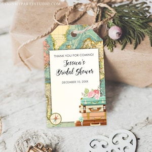 Bearbeitbares Reise-Abenteuer Danke Tags Brautparty Favor Tags Liebe ist eine Reise Abenteuer Koffer Karte Vorlage Corjl PRINTABLE 0044