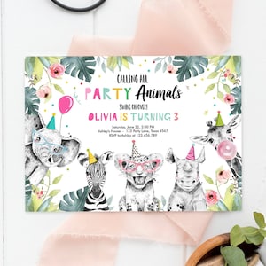 Editable Party Animals Birthday Invitation Wild One Animals Invitation Zoo Safari Animals Girl Download Printable Invite Template Corjl 0322