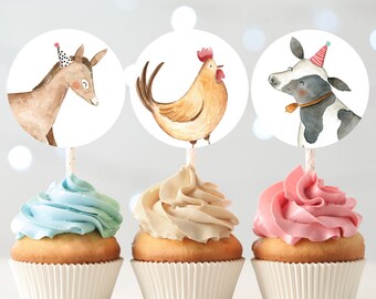 Barnyard Birthday Cupcake Toppers Favor Tags Farm Animals Birthday Party Decor Cow Rooster Party Animals Stickers Digital Printable 0155