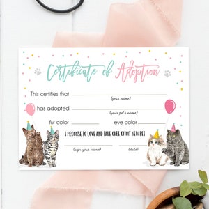 Certificado de adoção de animais de estimação Adoção de gatos Festa de aniversário de gatos Adote uma menina gata Adoção de gatinhos veterinários rosa Download instantâneo Digital IMPRIMÍVEL 0384