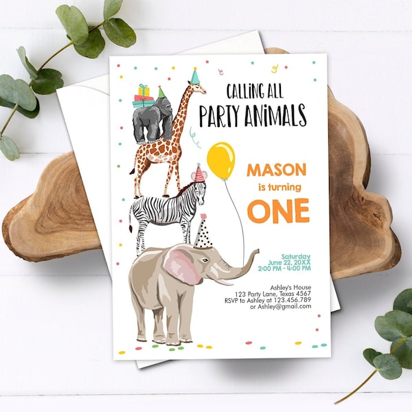 Editable Party Animals Birthday Invitation Wild One Animals Invitation Zoo Safari Animals Boy Instant Download Printable Corjl Template 0142