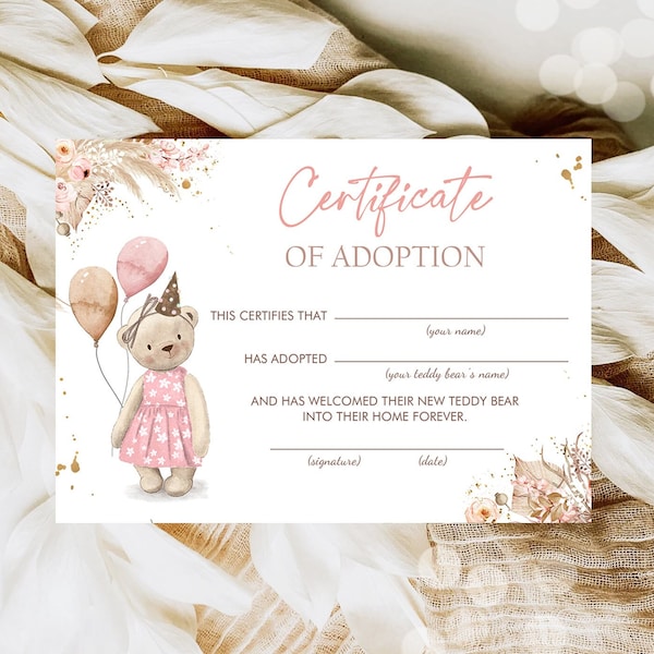 Teddy Bear Adoption Certificate Teddy Bear Birthday Boho Teddy Bear Picnic Girl Pink Adopt a Teddy Favors Download Digital PRINTABLE 0421