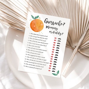 Bewerkbare mama of papa raad wie babyshower spelkaart klein schatje sinaasappel clementine raad strooi activiteit downloadsjabloon Corjl 0330