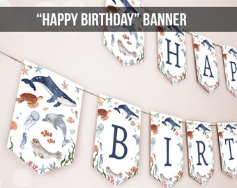 Under the Sea Happy Birthday Banner Sea Ocean Animals Life Decor Whale Turtle Dolphin Jellyfish Decor Instant Download Printable 0504