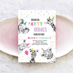 Invitación de cumpleaños editable con animales de fiesta, invitación de animales salvajes, animales de safari del zoológico, niña, descarga la plantilla de invitación imprimible Corjl 0390
