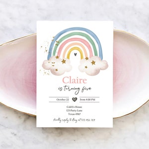 Editable Rainbow Birthday Invitation Pastel Rainbow Invite Girl Over The Rainbow Party  Modern Boho Printable Download Corjl Template 0387