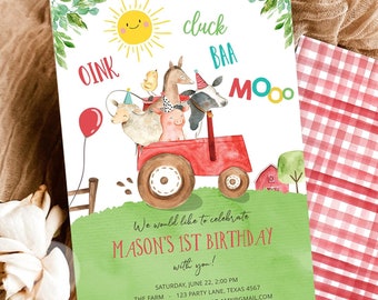 Editable Farm Animals Birthday Invitation Boy Party Animals Boy Barnyard Red Tractor Party Digital Download Evite Template Printable 0155