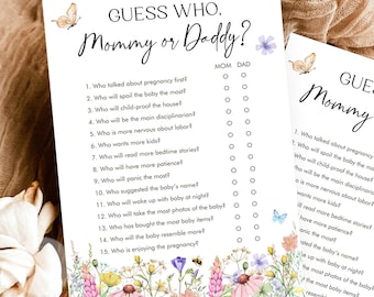Editable Guess Who Mommy or Daddy Game Card Wildflowers Baby Shower Game in Bloom Mom or Dad Butterflies Digital Template Printable 0543