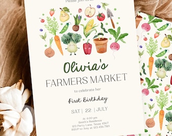 Editable Farmers Market Birthday Invitation Locally Grown Invitation Farm Vegetables Fruits Digital Download Evite Template Printable 0544
