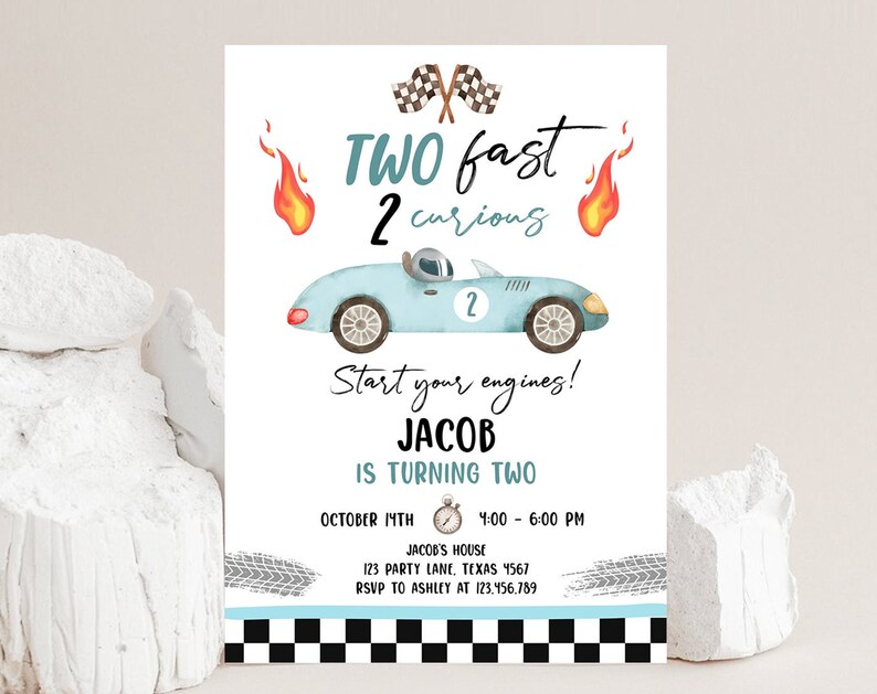 Editable 2nd Year Around the Track Birthday Invitation Boy Blue Two Fast Party Race Car Second Birthday Racing Corjl Template