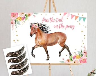 Editable Pin the Tail on the Pony Birthday Game Horse Birthday Party Decor Cowgirl Floral Pink Instant Download Printable Digital Corjl 0408