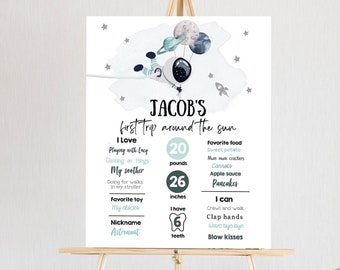 Editable Outer Space Birthday Milestones Sign Trip Around the Sun Boy 1st Birthday Astronaut Galaxy Planets Template Printable Corjl 0366