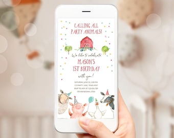 Editable Farm Birthday Evite Boy Farm Animals Red Barn Barnyard All Party Animals Download Phone Invitation Template Digital Corjl 0155