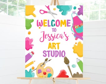 Editable Painting Party Birthday Welcome Sign Art Party Birthday Decor Craft Party Girl Birthday Welcome Pink Template Corjl PRINTABLE 0319