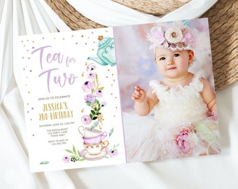 Bewerkbare thee voor twee verjaardagsuitnodiging meisje Tea Party uitnodigen roze paars bloemen baby shower download afdrukbare sjabloon Corjl digitale 0349