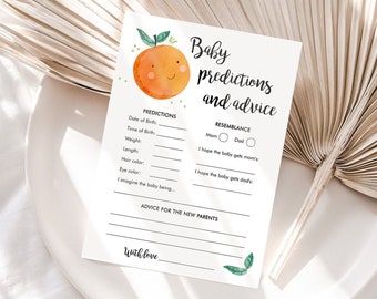 Editable Baby Predictions and Advice Baby Shower Game Card Little Cutie Orange Clementine Sprinkle Activity Download Template Corjl 0330