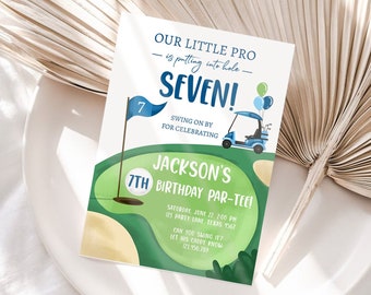 Editable Little Golf Pro Birthday Invitation Par-tee Swinging By ANY AGE Boy Cart Golfing Digital Download Corjl Template Printable 0405