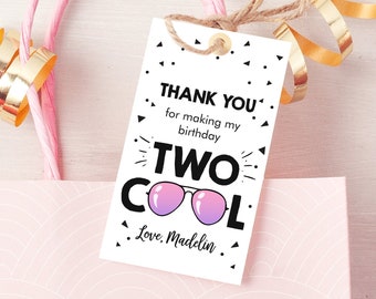 Editable Two Cool Favor Tags Birthday Thank You Tags Girl Second Birthday 2nd Gift Tags Sunglasses Summer Pink Corjl Template Printable 0136