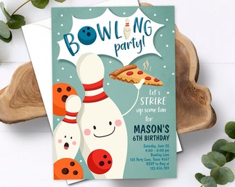 Editable Bowling Birthday Invitation Strike Up Some Fun Boy Bowling Party Pizza Blue Orange Instant Download Printable Template Corjl 0324