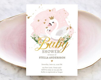 Editable Swan Baby Shower Invitation Girl Shower Invite Princess Pink Gold Swans Little Swan Download Printable Template Digital Corjl 0382