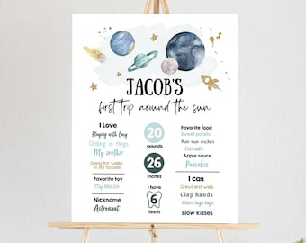 Editable Outer Space Birthday Milestones Sign First Trip Around the Sun Boy 1st Birthday Space Galaxy Planets Template Printable Corjl 0357