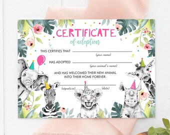 Adopt an Animal Adoption Certificate Safari Animals Adoption Wild One Birthday Party Animals Birthday Girl Download Digital PRINTABLE 0322