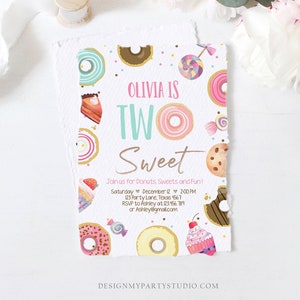 Invito di compleanno dolce modificabile Due dolci Festa di compleanno dolce Festa di secondo compleanno Ragazza rosa Candy Land Modello di download digitale Corjl 0339
