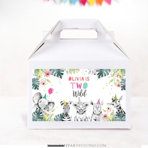 Editable Party Animals Gable Safari Animals 2nd Birthday Gift Box Labels Watercolor Two Wild Girl Pink Digital Download Printable 0322