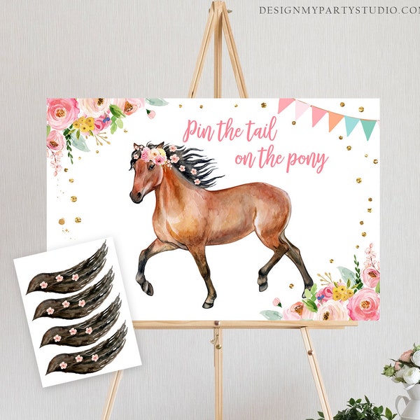 Editable Pin the Tail on the Pony Birthday Game Horse Birthday Party Decor Cowgirl Floral Pink Instant Download Printable Digital Corjl 0408