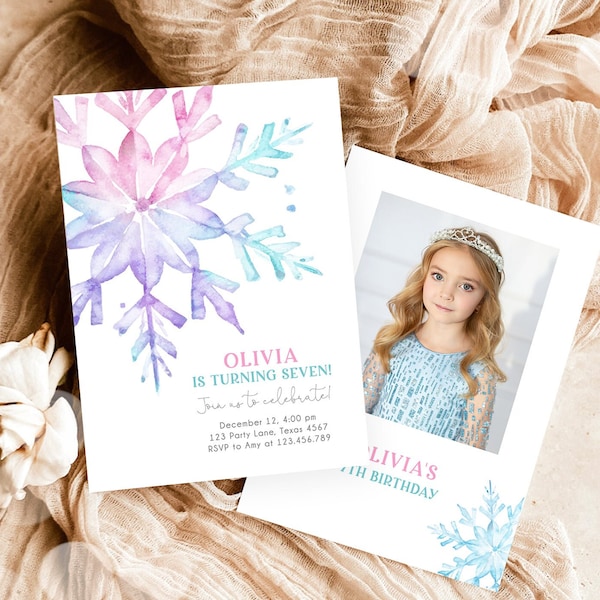 Invitation d'anniversaire hiver modifiable flocon de neige anniversaire fille rose violet enfants adolescents pays des merveilles de l'hiver aquarelle modèle Corjl minimal 0494