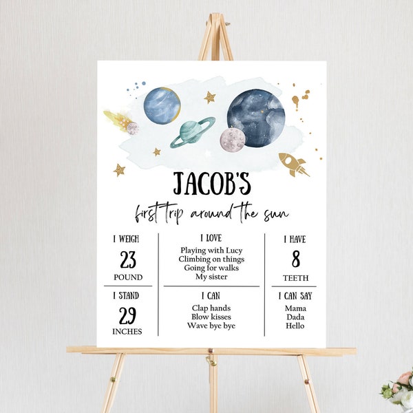 Editable Outer Space Birthday Milestones Sign First Trip Around the Sun Boy 1st Birthday Space Galaxy Planets Template Printable Corjl 0357