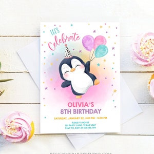 Bearbeitbarer Pinguin-Geburtstags-Einladung Winterparty arktische Tiere Mädchen-Geburtstagsparty Süßer Pinguin-Babyparty-druckbare digitale Evite 0372