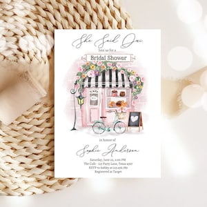 Bearbeitbare Paris Brautparty-Einladung She Said Oui Französische Patisserie Pariser Teeparty Floral Rosa druckbare Vorlage Corjl Digital 0441