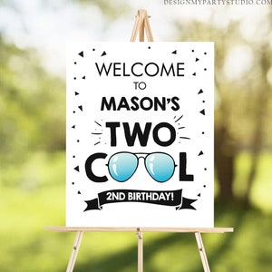Editable Two Cool Birthday Party Welcome Sign Boy Second Birthday I&#39;m This Many Pilot Sunglasses Blue Corjl Template Printable 0136