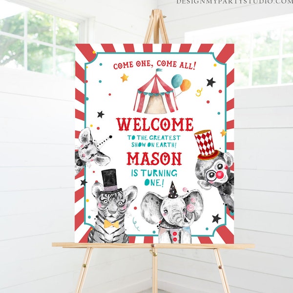 Editable Circus Welcome Sign Carousal Birthday Sign Carnival Welcome Boy Amusement Park Come One Come All Red Template PRINTABLE Corjl 0355