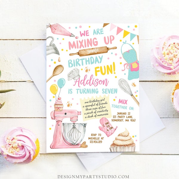 Editable Baking Birthday Party Invitation Kids Cooking Birthday Girl Chef Party Kitchen Cupcakes Pink Download Printable Corjl Template 0364