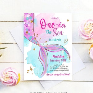 Editable ONEder the Sea Birthday Party Invitation Mermaid First Birthday Girl 1st Birthday Pink Gold Download Printable Template Corjl 0403