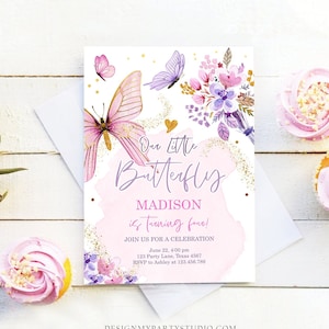 Editable Butterfly Birthday Invitation Girl Purple Butterfly Invite 1st Birthday Party Floral Pink Download Printable Template Corjl 0437