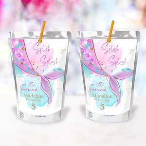 Editable Mermaid Juice Pouch Label Juice Favors Mermaid Birthday Party Girl Pink Under The Sea Digital Download Template Printable 0403