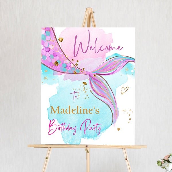 Editable Mermaid Welcome Sign Mermaid Birthday Sign Girl Mermaid Tail Birthday Decor Welcome Under The Sea Template Corjl PRINTABLE 0403