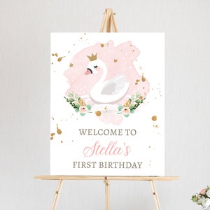 Editable Swan Princess Birthday Welcome Sign Swan Birthday Welcome Sign Blush Pink Gold Floral Swan Decor Girl Template Corjl PRINTABLE 0382