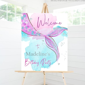 Editable Mermaid Welcome Sign Mermaid Birthday Sign Mermaid Tail Birthday Decor Welcome Under The Sea Silver Template Corjl PRINTABLE 0403